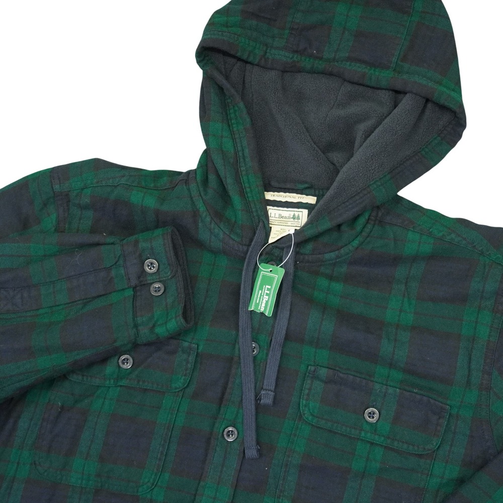 LL Bean Flannel Shirt Mens XL Green Black Watch Plaid Fleece Lined Hooded